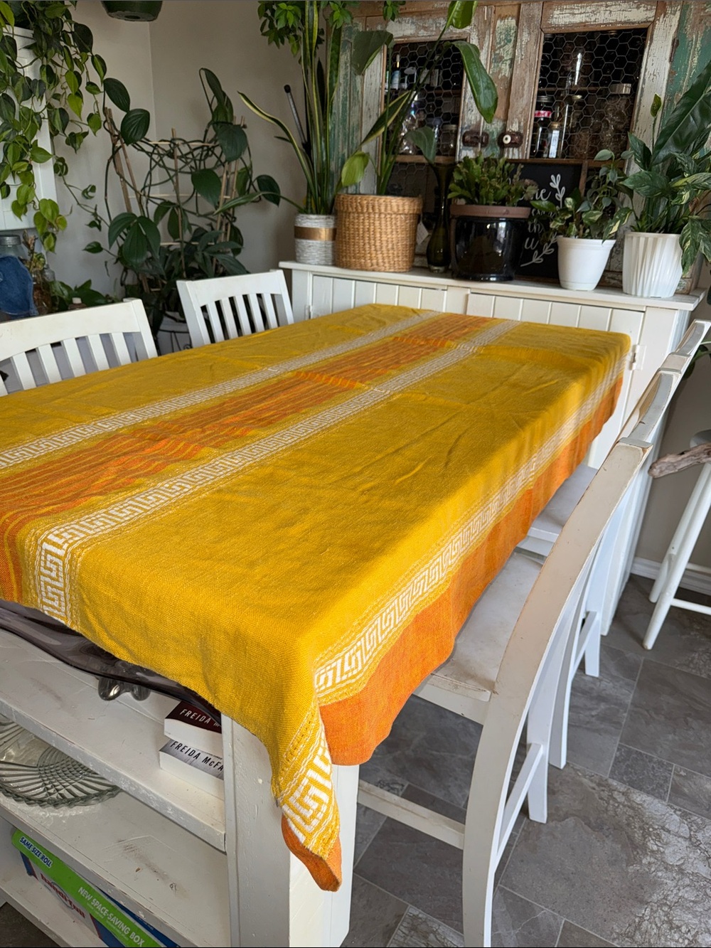 1960/70s woven tablecloth, vintage Aztec boho pattern yellow/orange